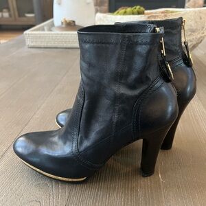 Tory Burch Black Leather Booties with Gold Trim